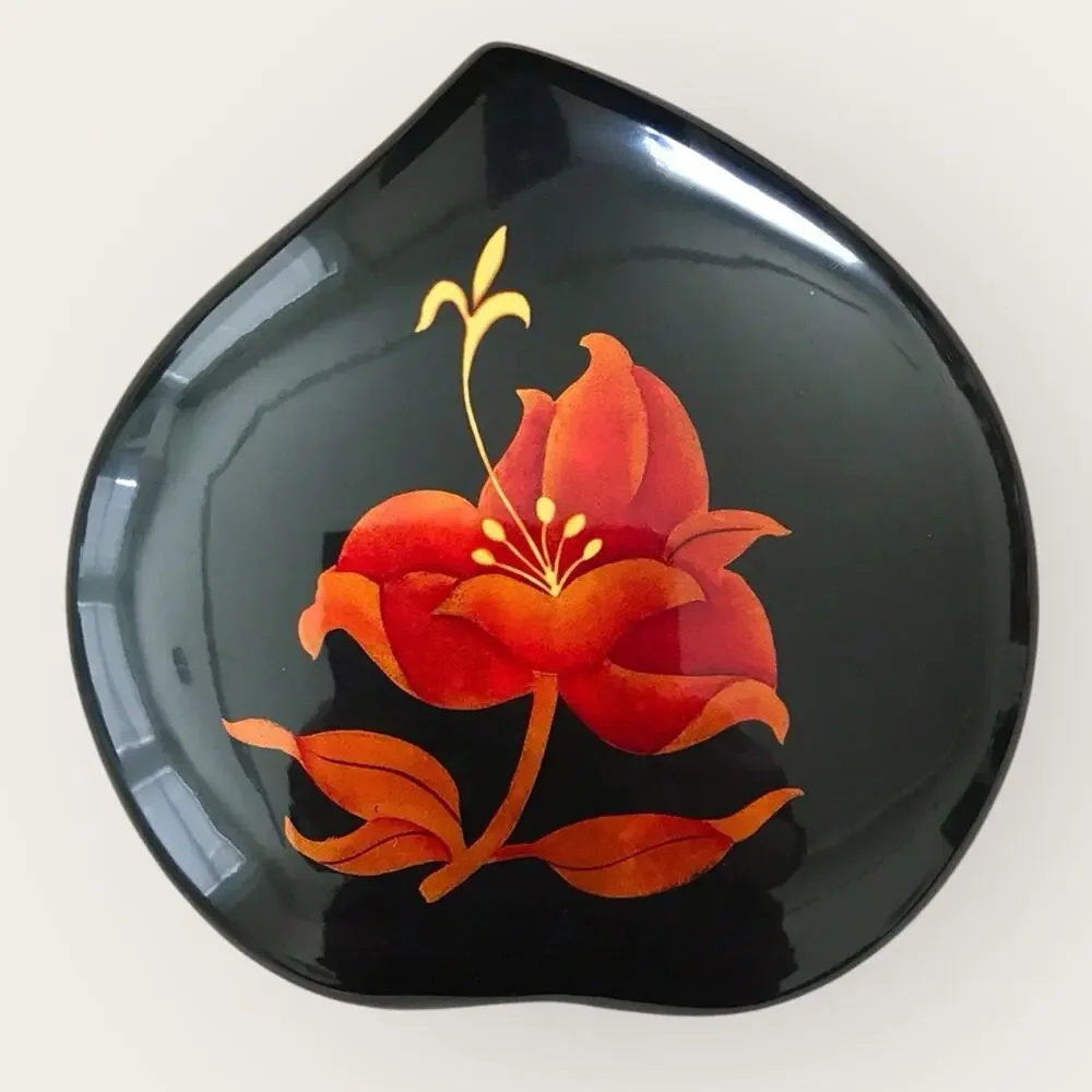 Vintage Floral Lacquer Black and Orange Art Jewelry Trinket Box